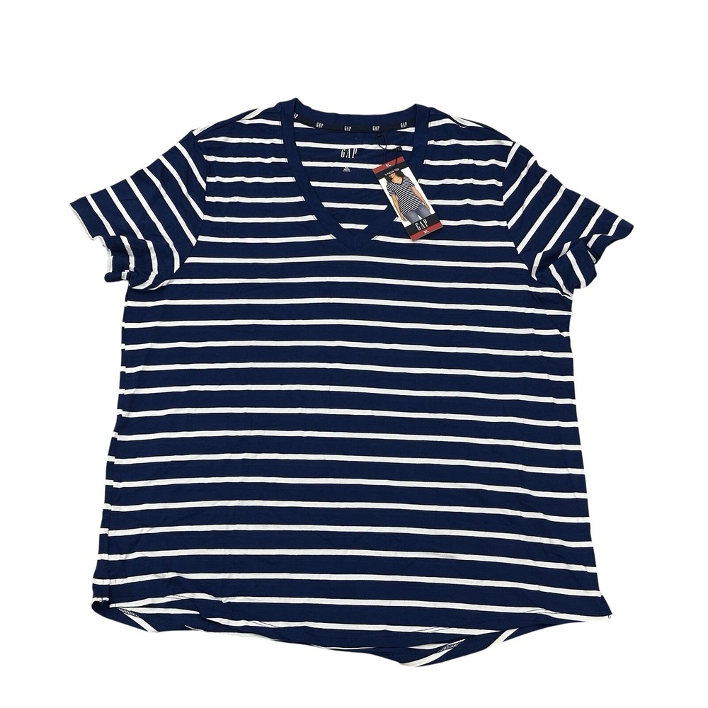 Gap V-Neck Tee Top Women's Navy Blue Striped Short Sleeve‎ T-Shirt - XL NWT